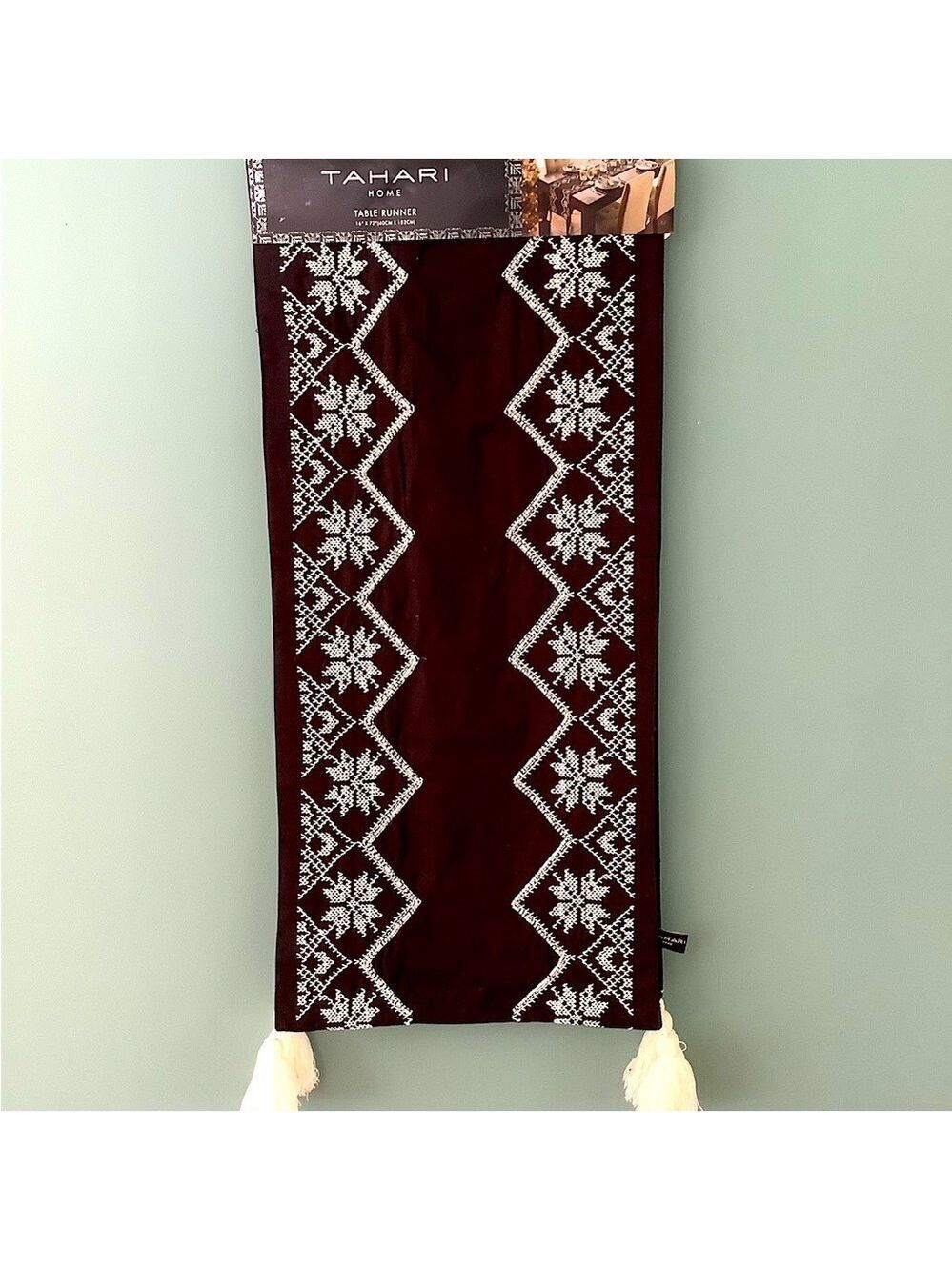 TAHARI Home Black & White Table Runner Tassels Sequins Beads New